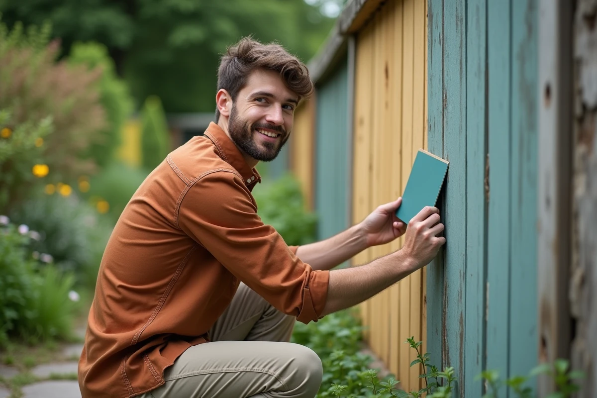 Jeune homme tenant un échantillon de peinture dans un jardin