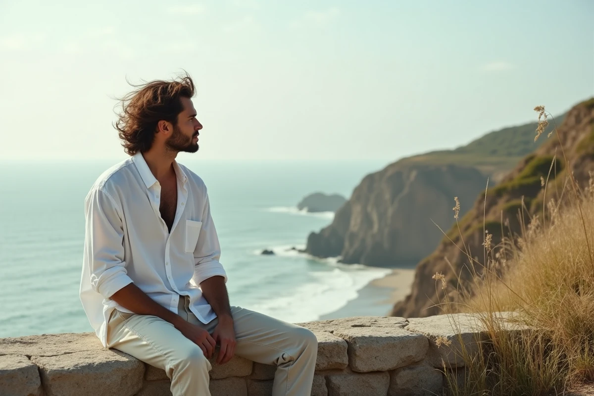 Jeune homme en chemise blanche sur un mur en pierre