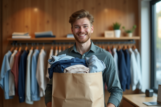 Jeune homme souriant avec sac de vêtements recyclés dans un magasin