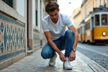 Jeune homme en T-shirt blanc et jeans &agrave; Lisbonne avec ses sneakers &eacute;dition limit&eacute;e