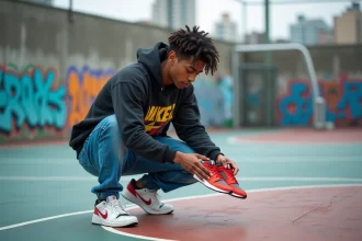 Jeune homme streetwear examine sneakers sur terrain urbain