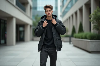 Jeune homme en streetwear minimaliste en ville