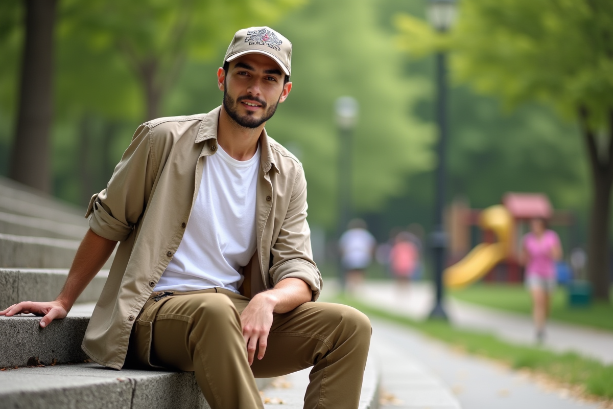 Jeune homme décontracté avec casquette graphique dans un parc