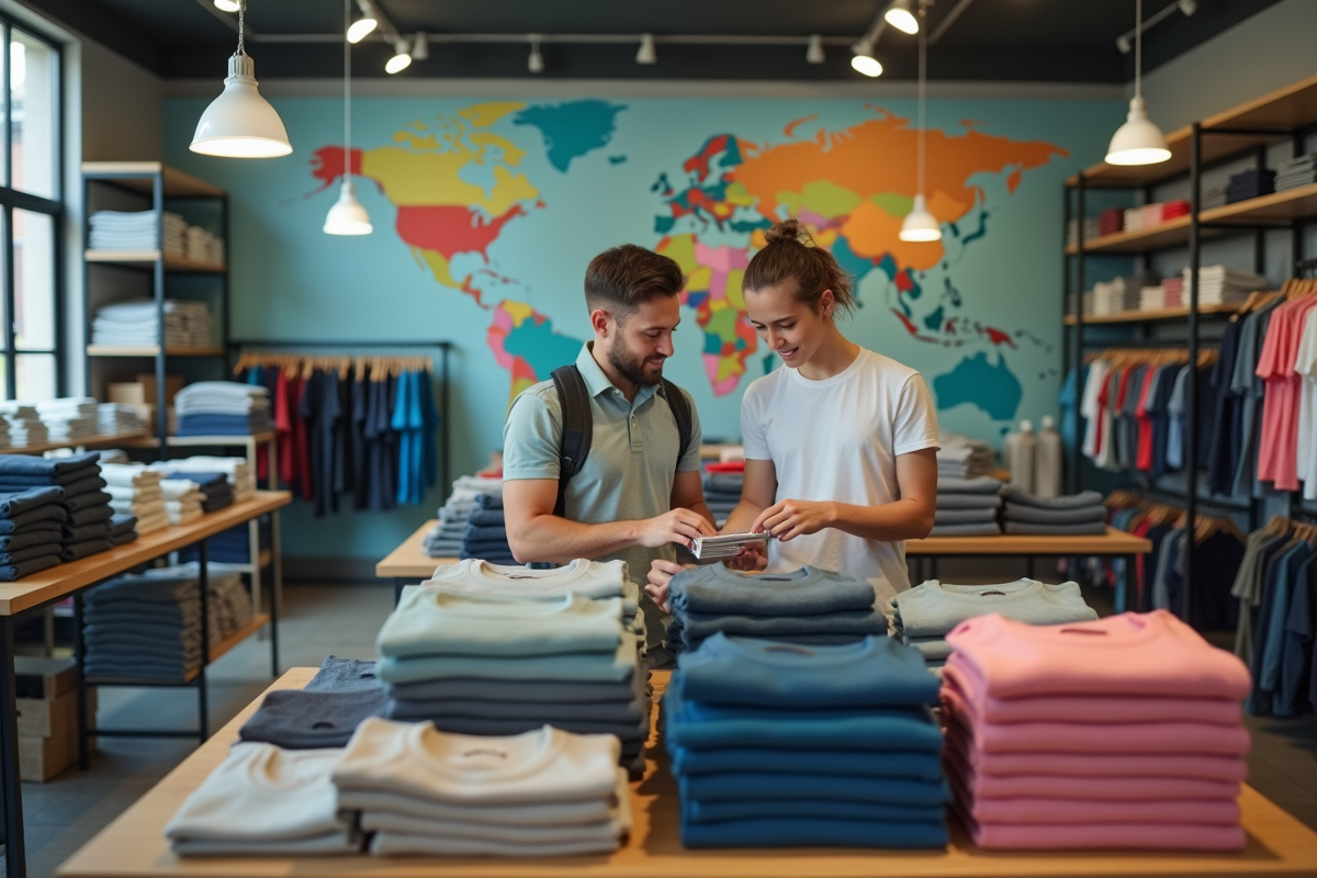 Jeune homme examinant des t-shirts dans un magasin lumineux