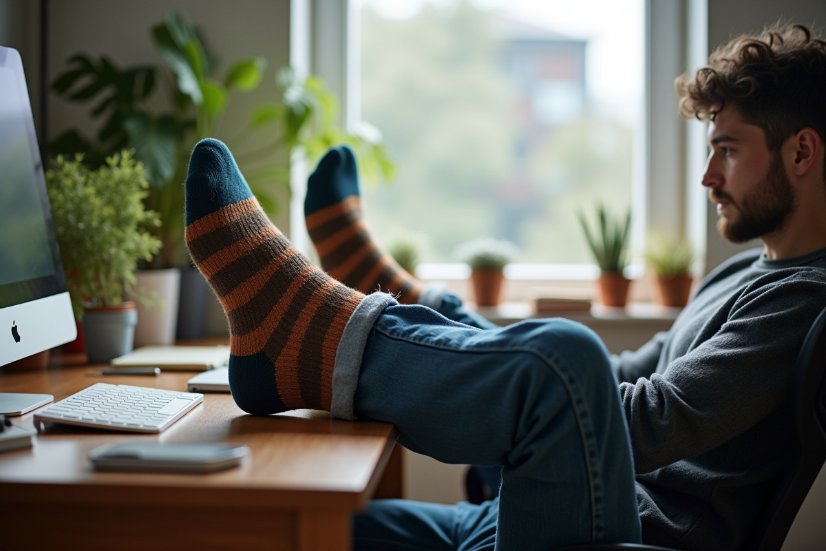 Jeune homme détendu avec chaussettes colorées au bureau
