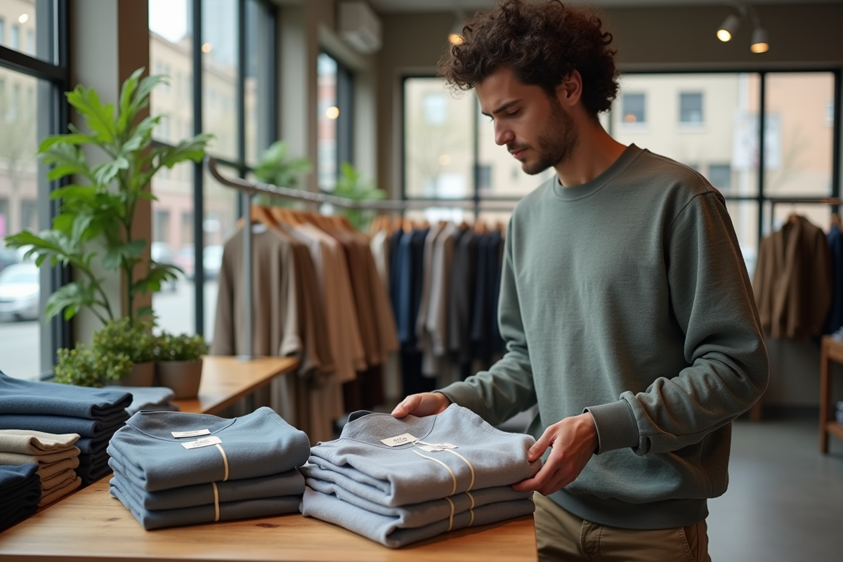Jeune homme comparant des vêtements durables en magasin moderne
