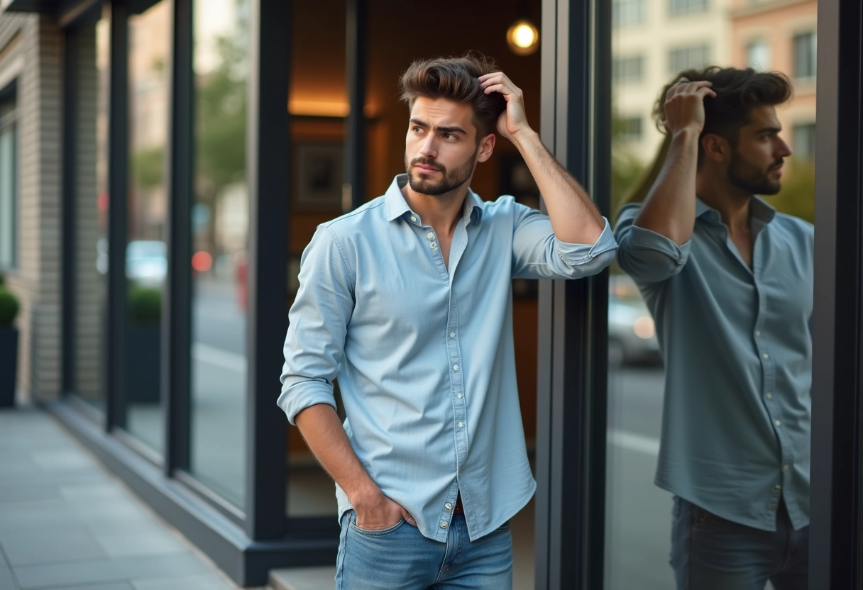 Jeune homme regardant sa reflection devant une vitrine urbaine