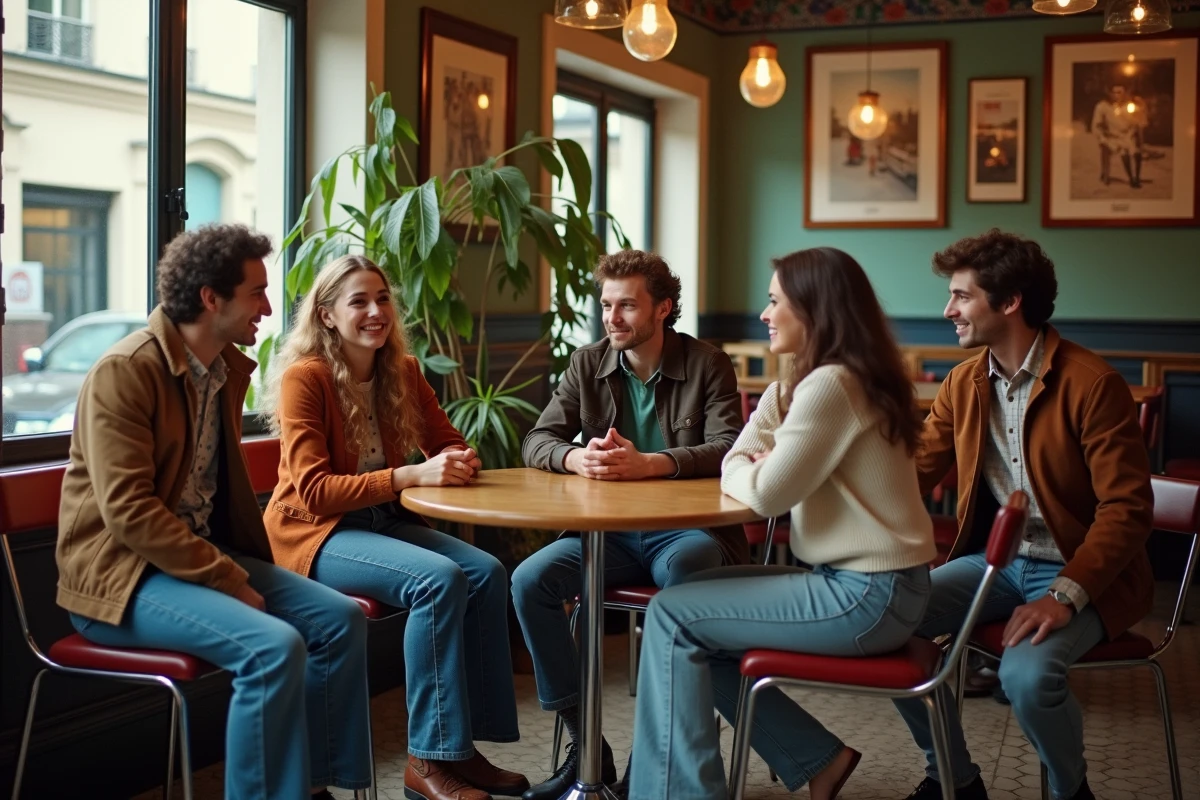 Groupe de jeunes dans un café parisien vintage