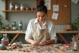 Femme triant des perles et des fournitures pour kit de bracelet sur une table en bois dans un atelier artisanal