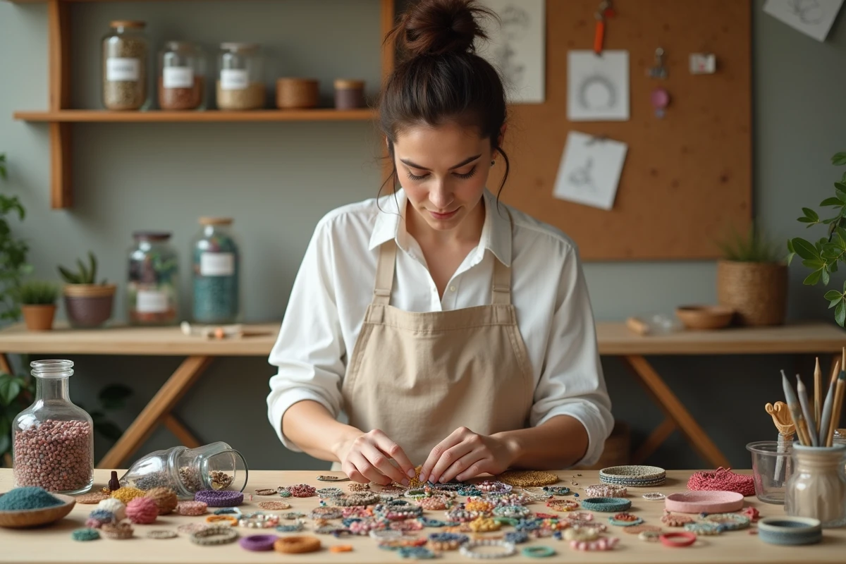 Femme triant des perles et des fournitures pour kit de bracelet sur une table en bois dans un atelier artisanal
