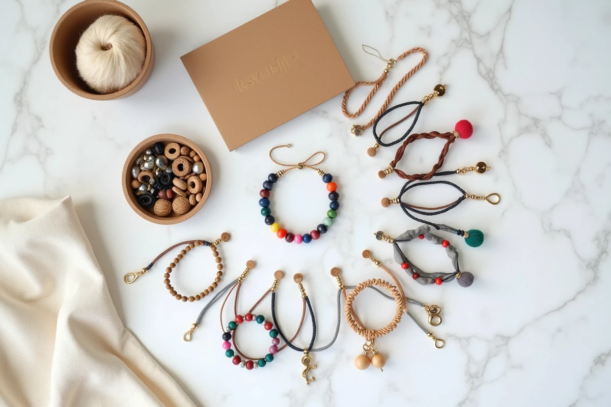 Flat lay d'un kit de bracelet complet avec perles, fils, fermoirs et accessoires sur marbre blanc