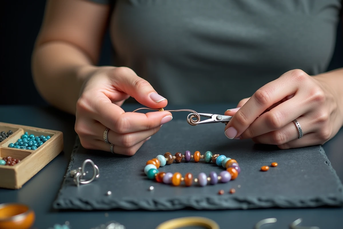 Mains enfilant des perles sur un fil pour créer un bracelet avec des outils de bijouterie sur surface ardoise