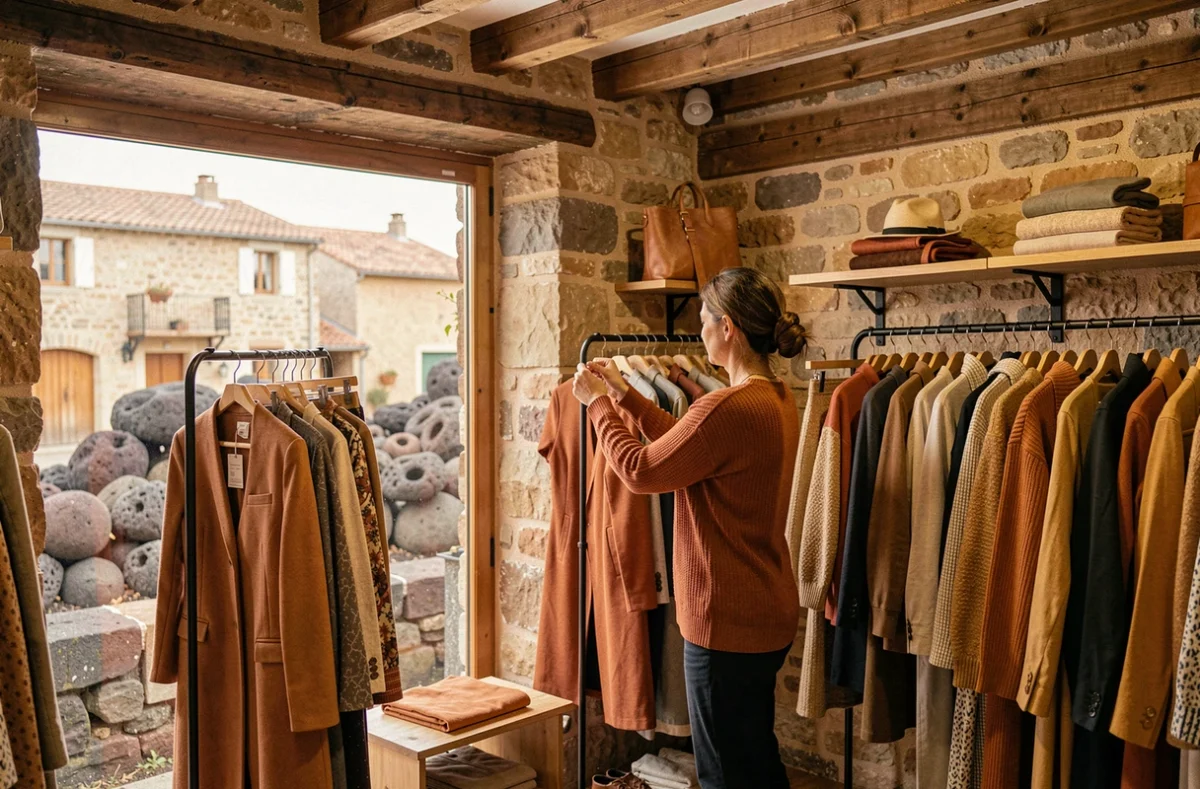 Propriétaire arrangeant des vêtements féminins dans La Biche Boutique aux murs en pierre volcanique à Besse-et-Saint-Anastaise