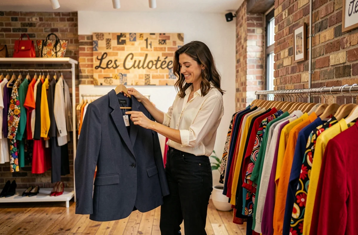 Une femme souriante feuilletant des vêtements colorés et contemporains dans la boutique Les Culottées à Clermont-Ferrand