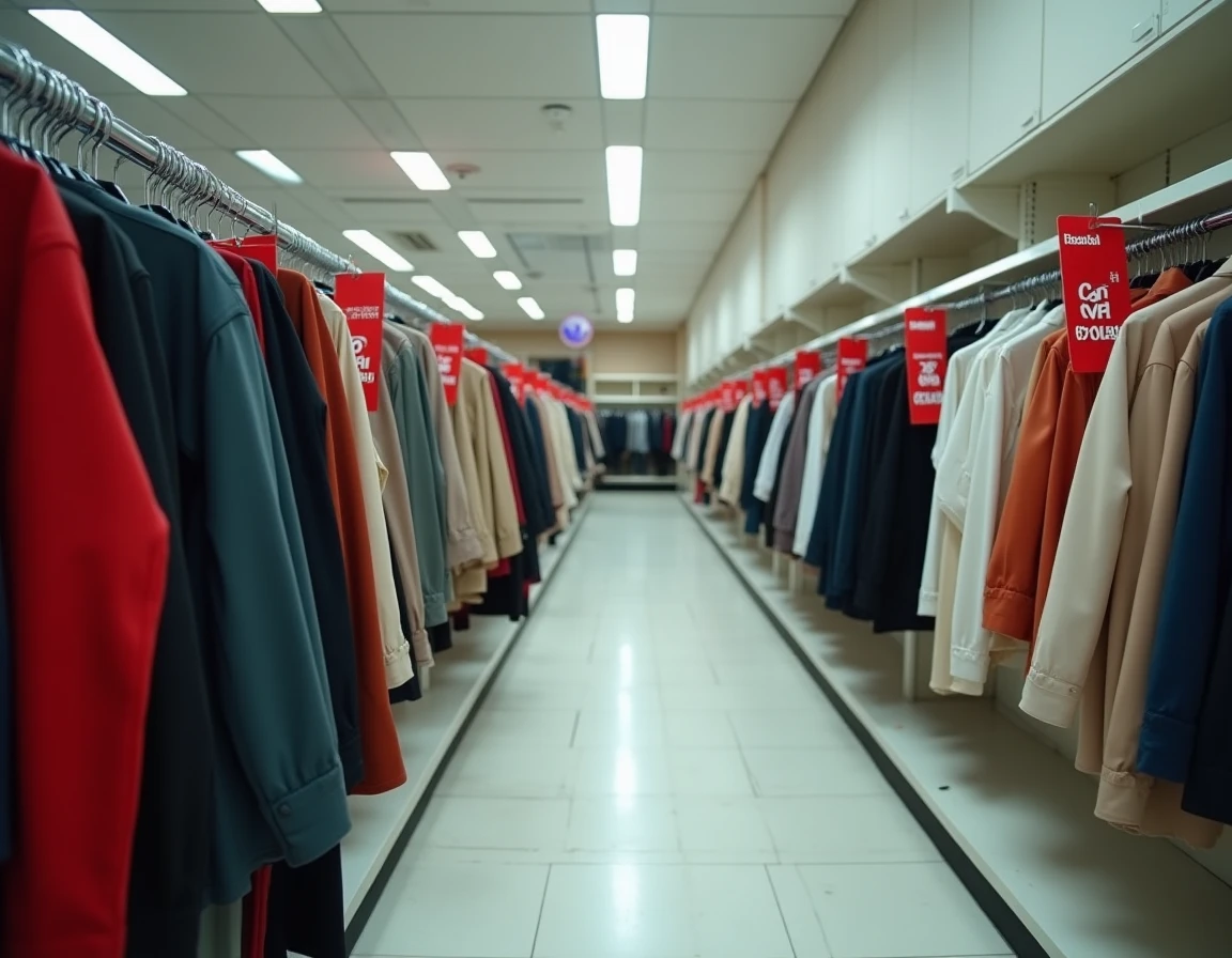 Portants de v&ecirc;tements sold&eacute;s en liquidation dans un magasin de mode petit prix en cours de fermeture