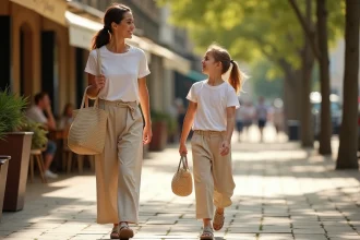 Mère et fille portant des tenues casual coordonnées beige et blanc en lin, marchant sur un trottoir animé lors d'un week-end détendu