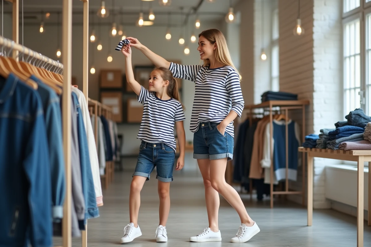 Mère et fille en looks coordonnés marinière rayée et short denim faisant du shopping dans une boutique tendance le week-end