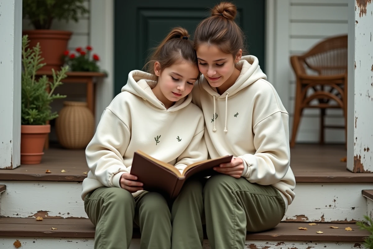 Mère et fille en tenues coordonnées vert olive et crème assises sur les marches d'un porche en bois lors d'un week-end cosy à la maison