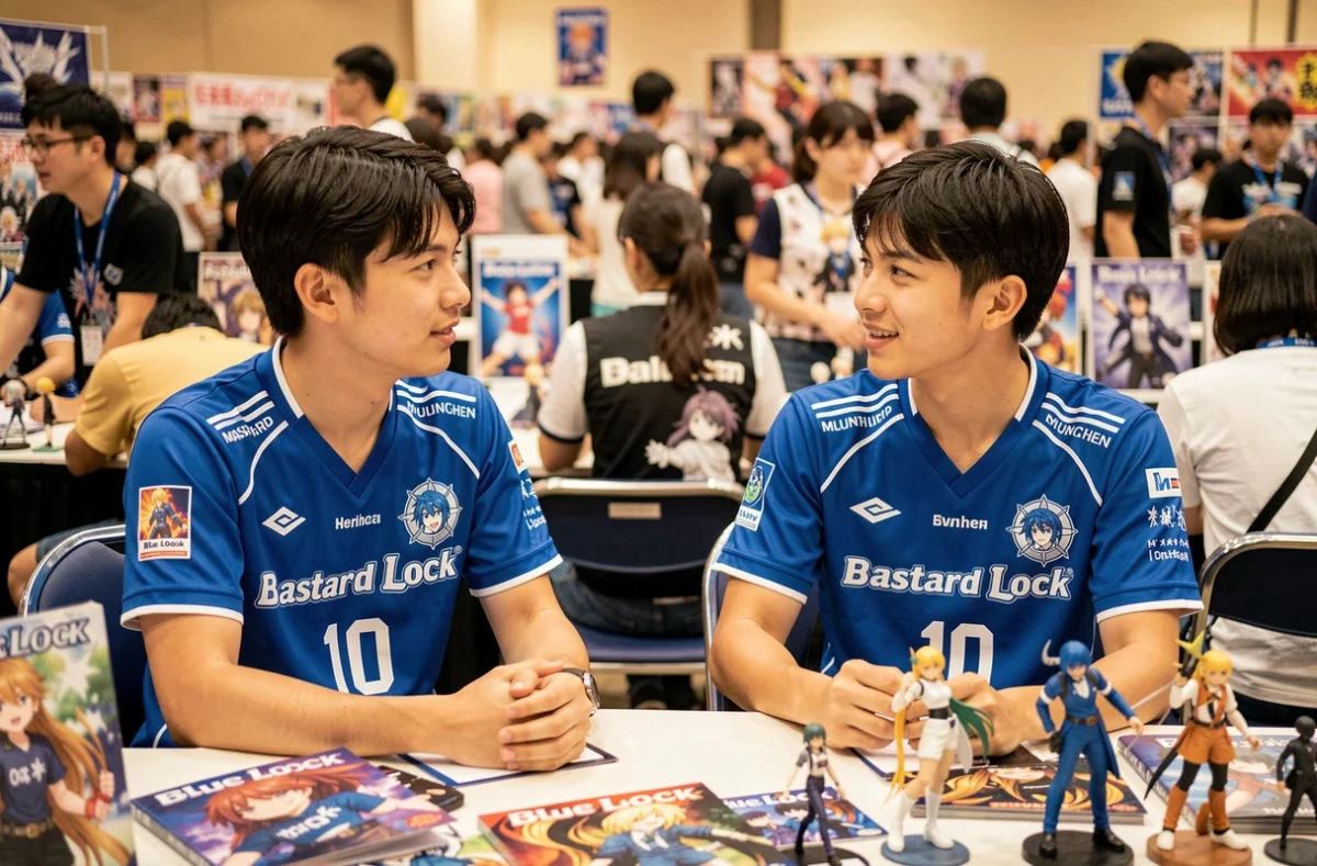 Deux fans en maillot Bastard Munchen pour cosplay Blue Lock à une convention manga