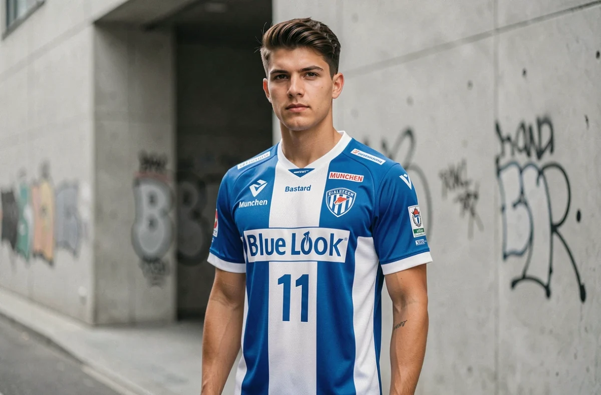 Jeune homme portant le maillot Bastard Munchen de Blue Lock en cosplay dans un décor urbain