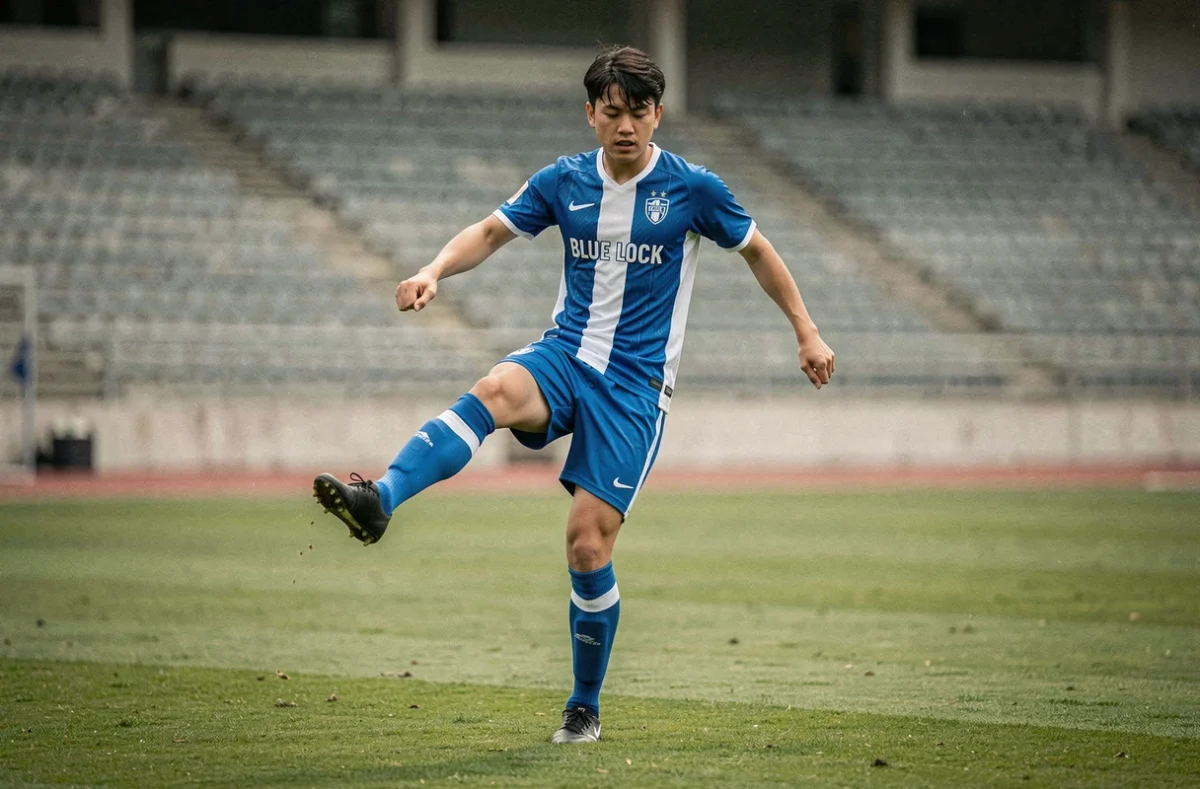 Cosplayeur en maillot Bastard Munchen Blue Lock en action sur un terrain de football