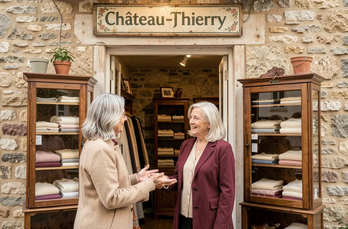 Propriétaire de la Maison Chopin accueillant une cliente dans cette boutique historique de prêt-à-porter féminin à Château-Thierry