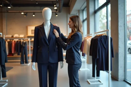 Mannequin poid réaliste habillé d'un blazer marine dans une boutique de mode contemporaine aux murs en brique, avec une styliste ajustant la tenue