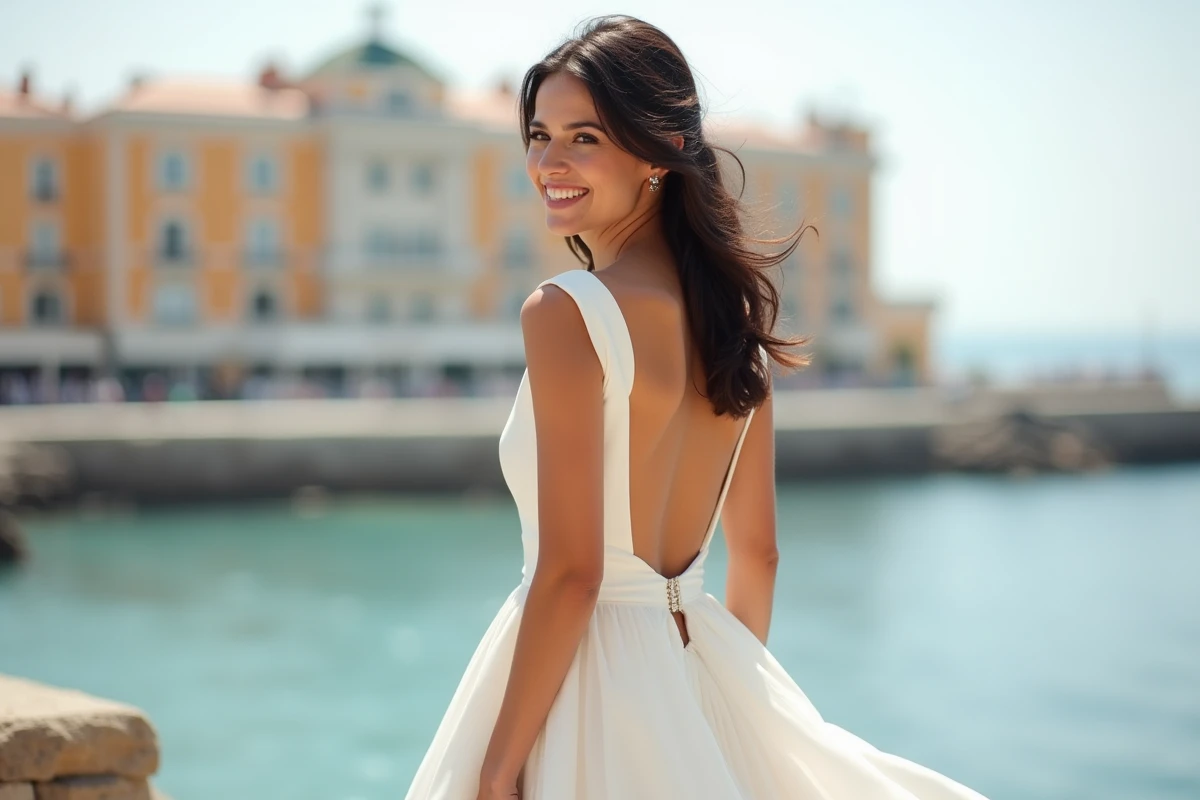 Mariée en robe de couture sur la Promenade des Anglais à Nice avec vue sur la Méditerranée