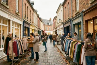 Rue commerçante animée dans une ville de l'Aisne avec des boutiques de prêt-à-porter féminin et des femmes faisant du shopping