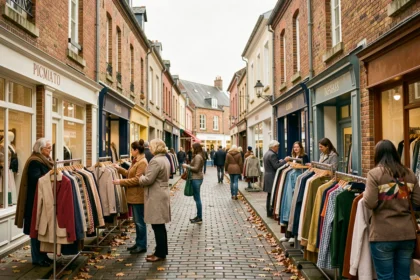 Rue commerçante animée dans une ville de l'Aisne avec des boutiques de prêt-à-porter féminin et des femmes faisant du shopping