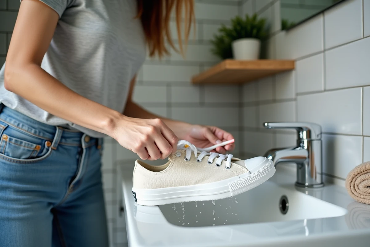 Femme nettoyant une Converse blanche avec une brosse à dents sur un évier, méthode alternative au lavage machine