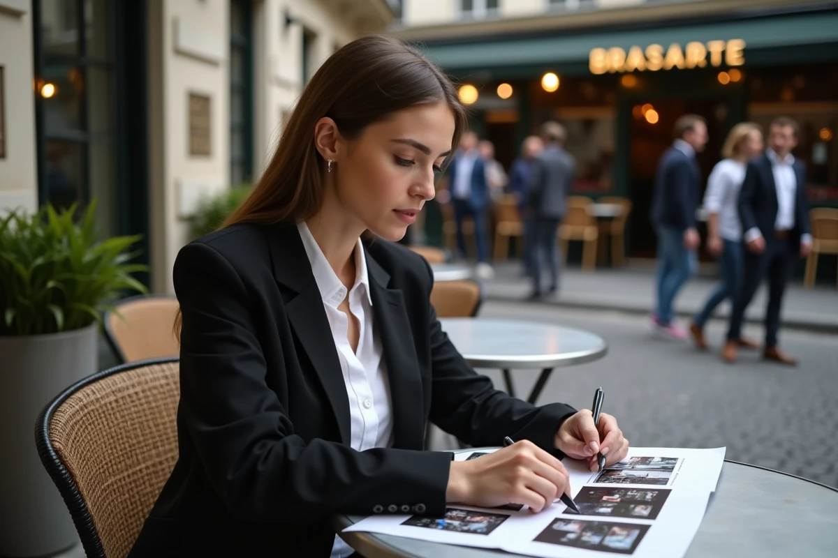 Femme photographe en blazer noir examinant des planches contact sur une terrasse de café parisien, style éditorial contemporain avec façade de brasserie en arrière-plan