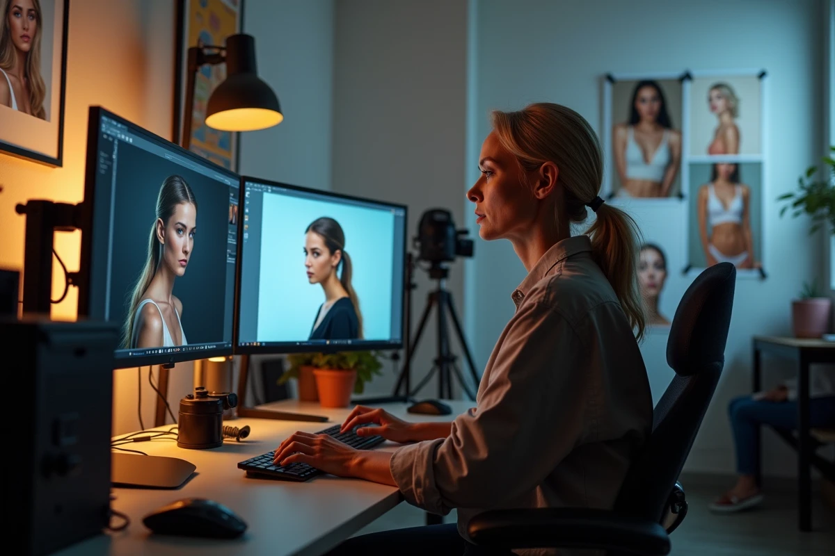 Photographe de mode en studio comparant une photo originale non retouchée et sa version retouchée sur deux écrans professionnels