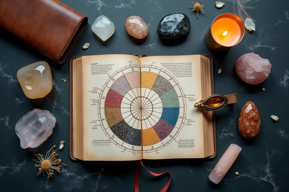 Disposition de pierres précieuses et carte astrologique pour rituel de cristallothérapie selon le signe du zodiaque