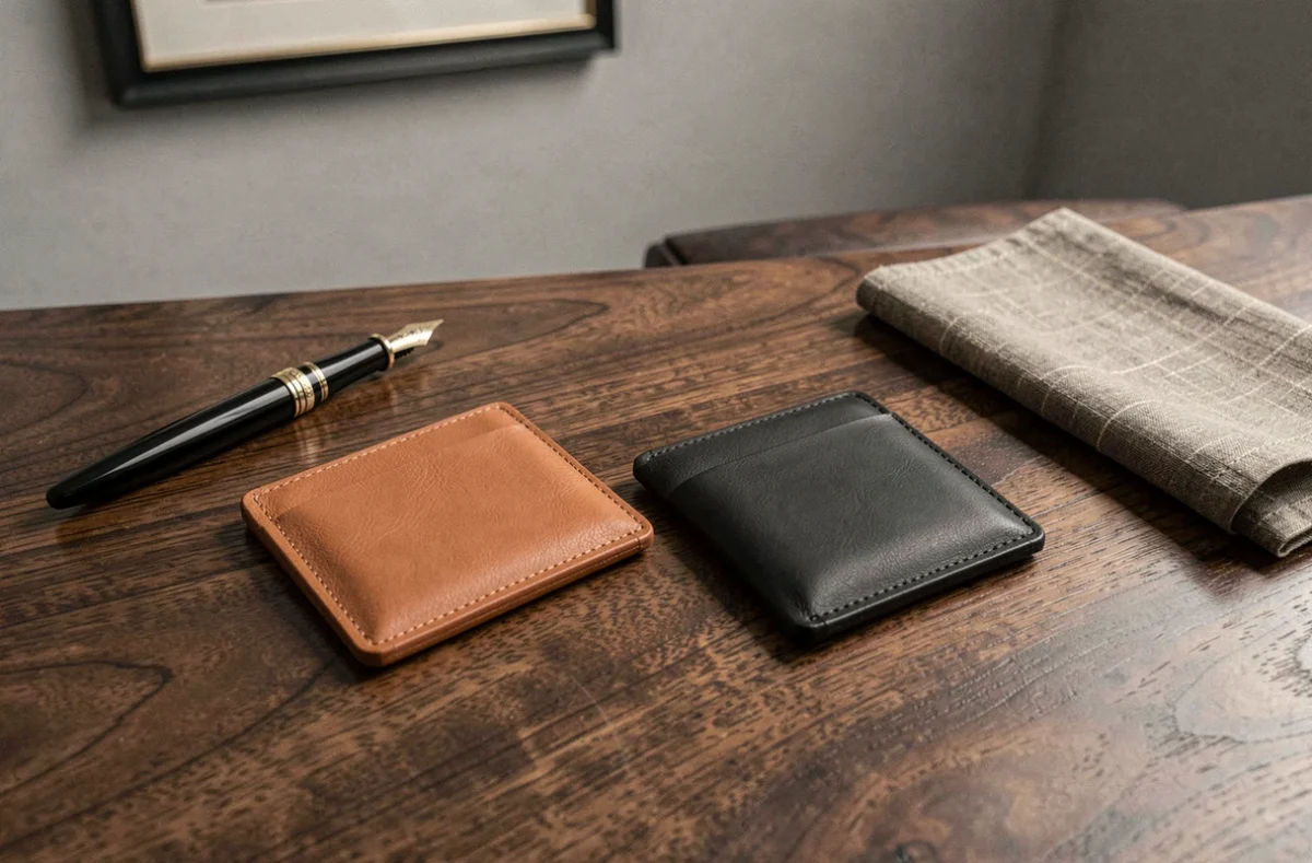 Deux porte-cartes en cuir cognac et noir posés sur un bureau en bois foncé avec stylo et pochette de costume