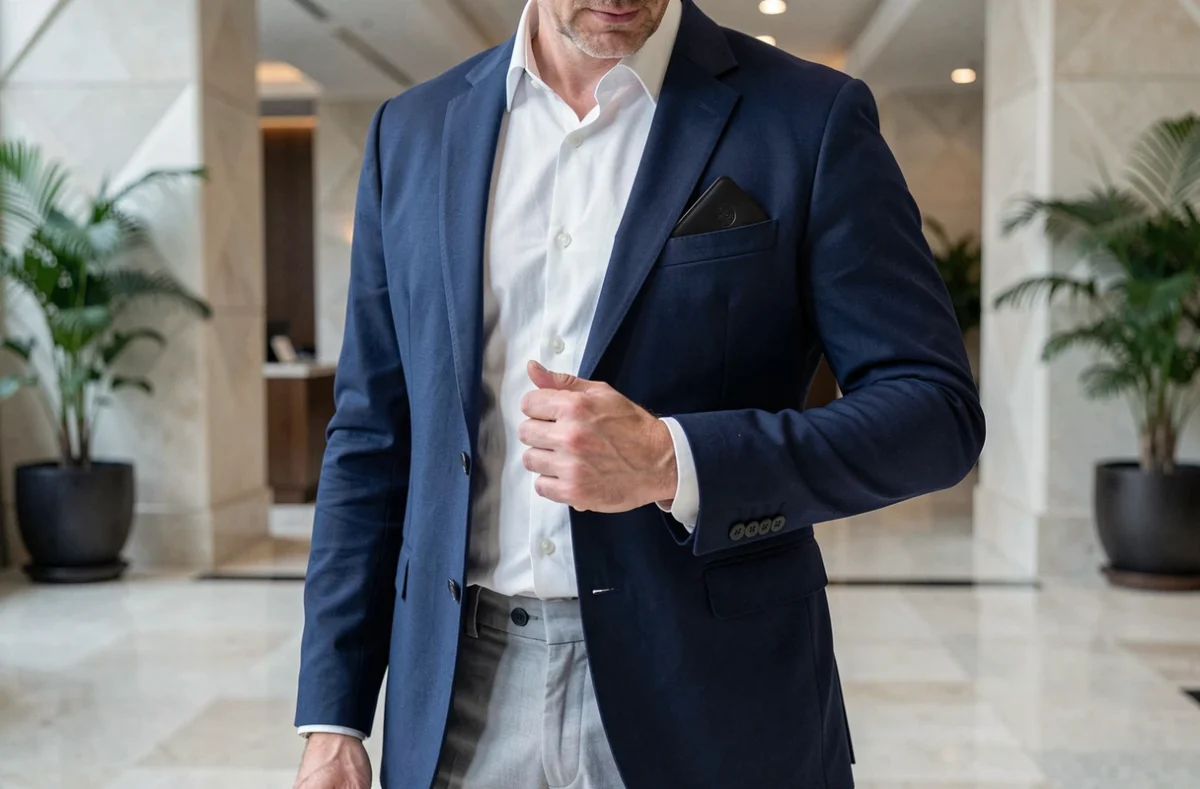 Homme d'affaires glissant un porte-cartes en cuir noir dans la poche de son veston dans un lobby hôtel luxueux