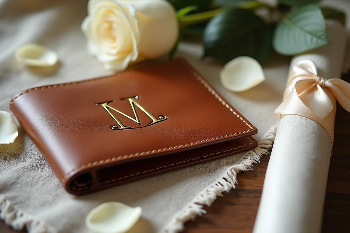 Portefeuille en cuir cognac personnalisé avec initiales dorées entouré de pétales de roses blanches pour un mariage