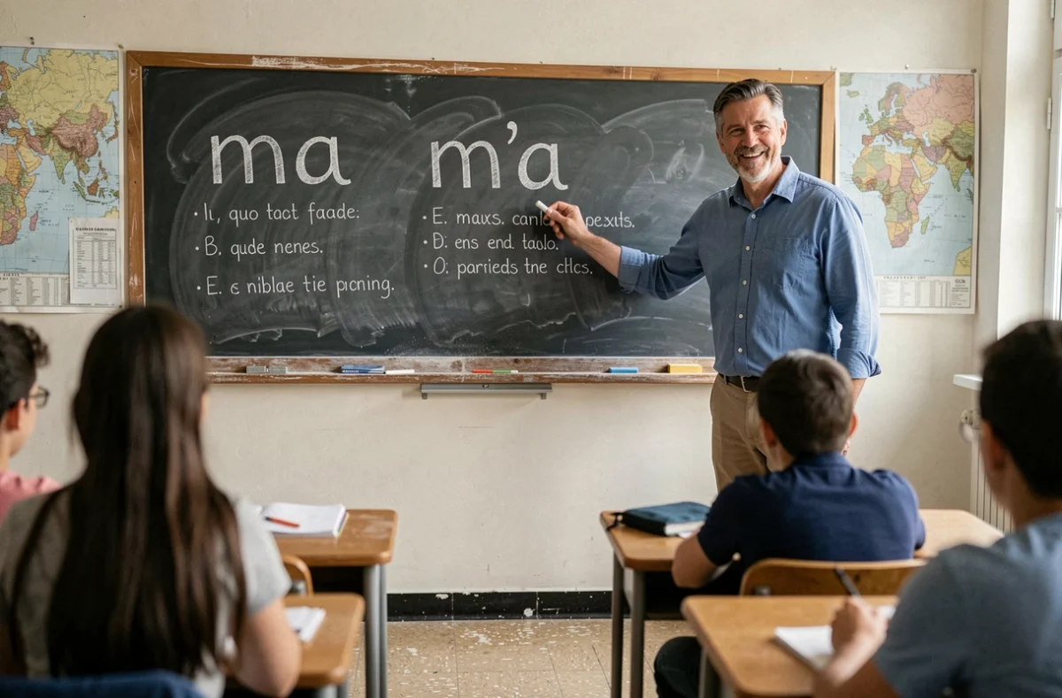 Professeur de français expliquant la distinction orthographique entre ma et m'a au tableau devant sa classe