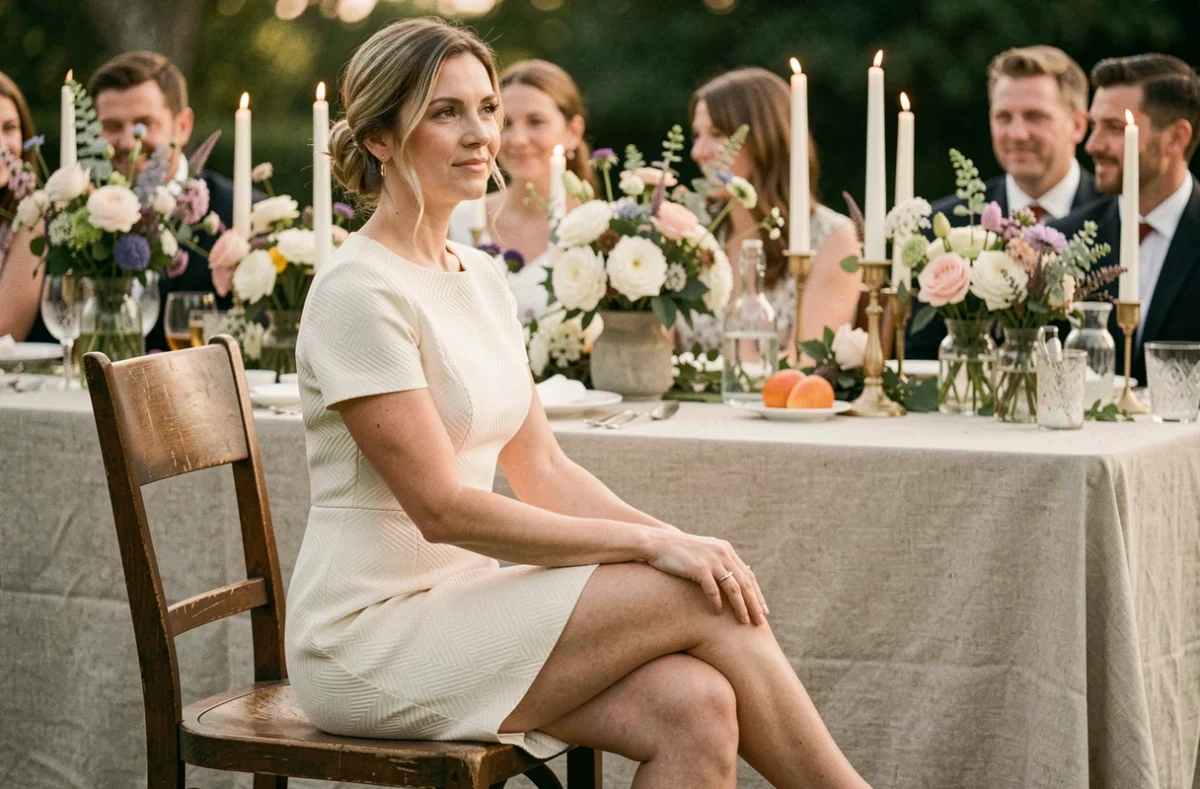 Femme élégante en robe cocktail courte jacquard ivoire assise lors d'une réception de mariage champêtre en plein air