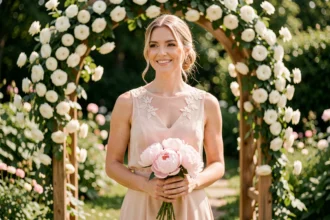 Femme portant une robe cocktail courte en mousseline blush lors d'un mariage en plein air avec arche fleurie en arrière-plan