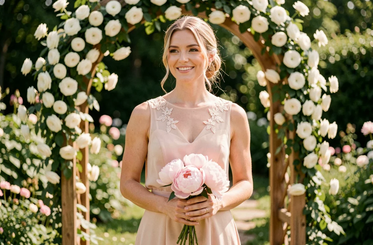Femme portant une robe cocktail courte en mousseline blush lors d'un mariage en plein air avec arche fleurie en arrière-plan