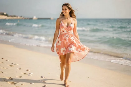 Jeune femme en robe de plage courte à imprimé floral marchant pieds nus sur le sable au bord de la mer, style tendance 2026