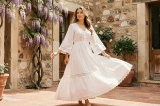 Femme portant une robe blanche bohème en dentelle dans une cour méditerranéenne en pierre
