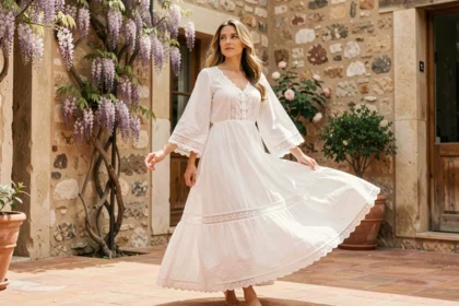 Femme portant une robe blanche bohème en dentelle dans une cour méditerranéenne en pierre
