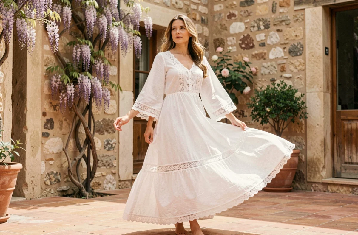 Femme portant une robe blanche bohème en dentelle dans une cour méditerranéenne en pierre