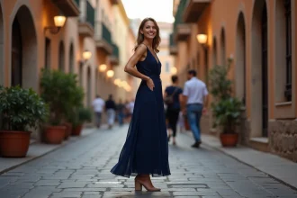Femme en robe longue bleue portant des sandales à talons blocs confortables dans une ruelle pavée en soirée