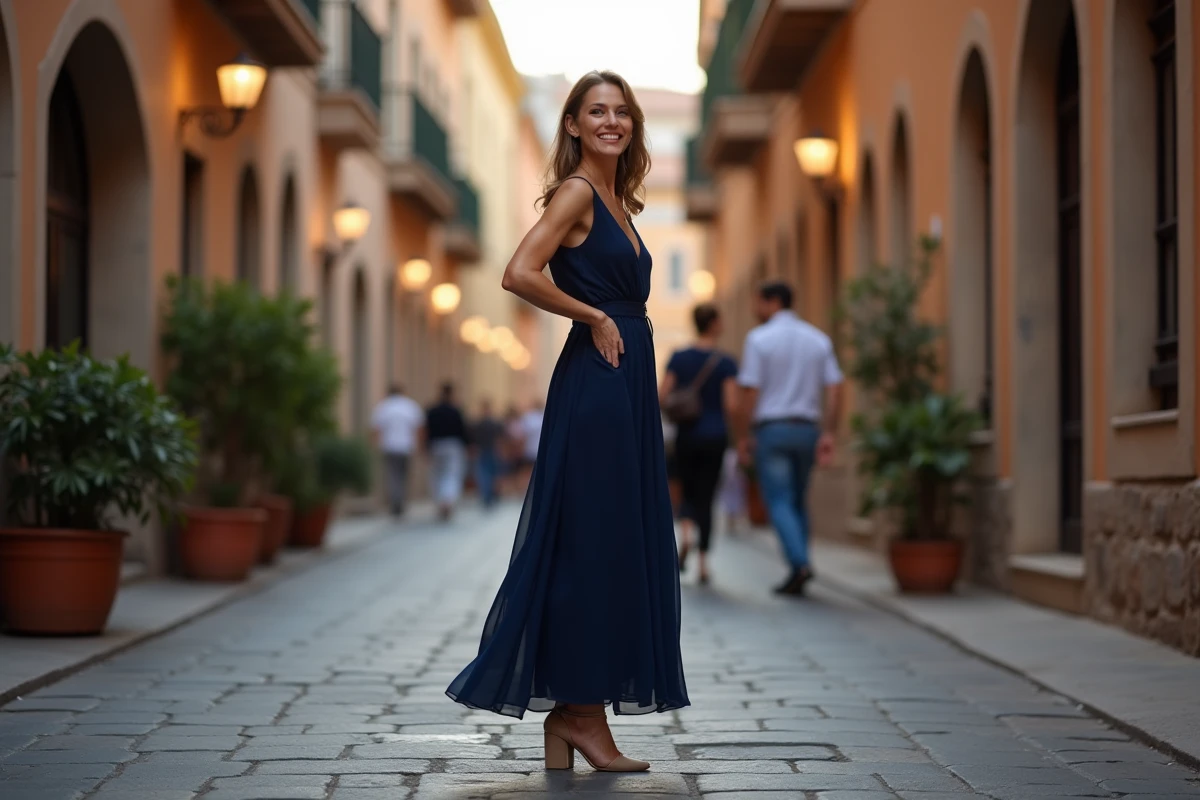 Femme en robe longue bleue portant des sandales à talons blocs confortables dans une ruelle pavée en soirée