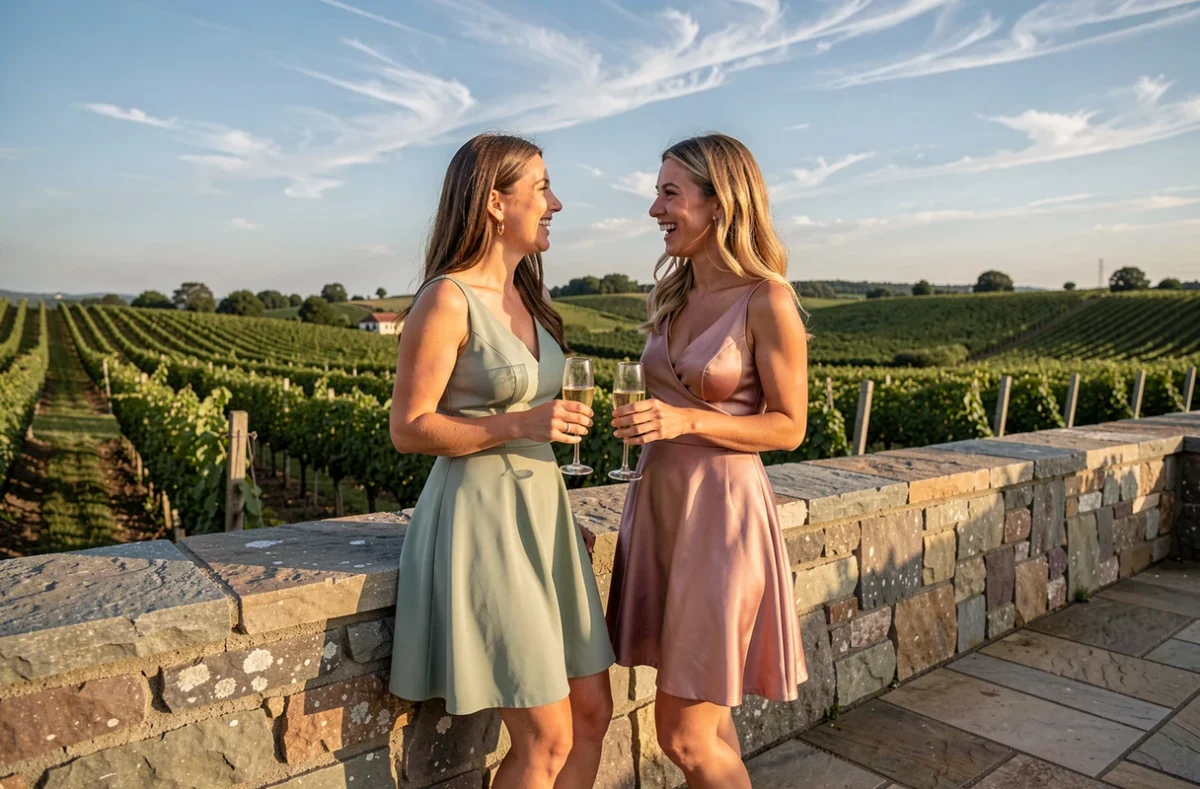 Deux invitées en robes cocktail courtes élégantes riant ensemble sur une terrasse de vignoble lors d'un mariage en extérieur
