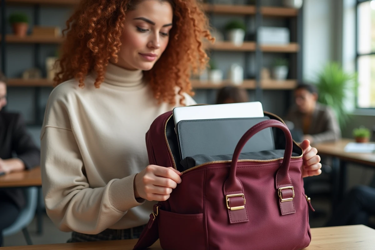 Femme ouvrant son sac à dos ordinateur portable dans un espace de coworking moderne