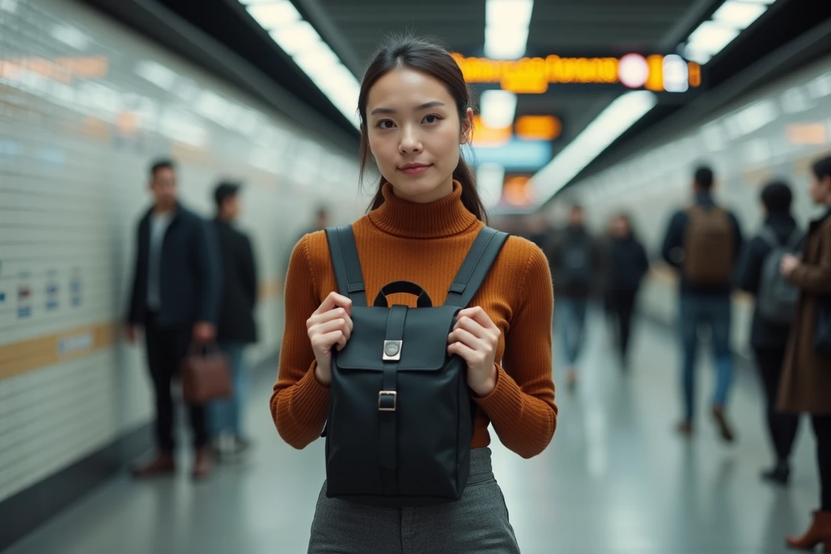 Femme portant son sac à dos en position frontale anti-vol dans le métro pour plus de sécurité